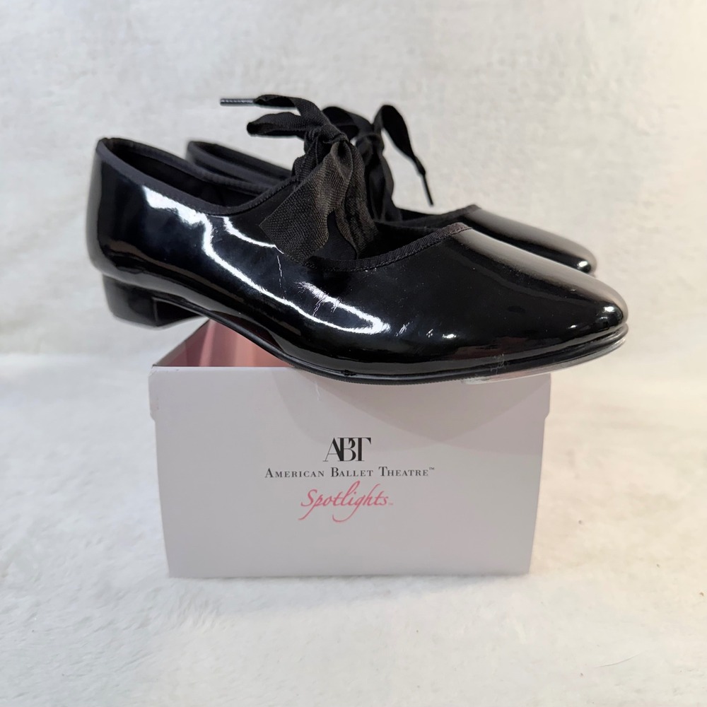 ABT American Ballet Theatre Spotlights Black Patent Tap Shoes Kids Size 2 67043‎
